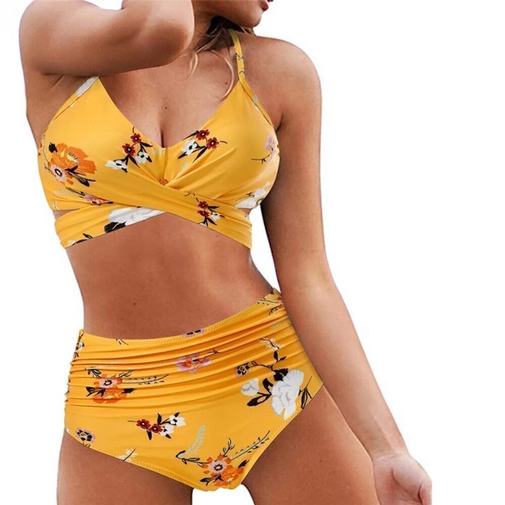 Women's Sexy Bikini Swimsuits - High Waisted Bandage Bikini Yellow Flower Size M